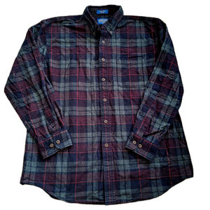 Pendleton Wayne Shirt Mens L Plaid Corduroy Button Down 100% Cotton Navy Green